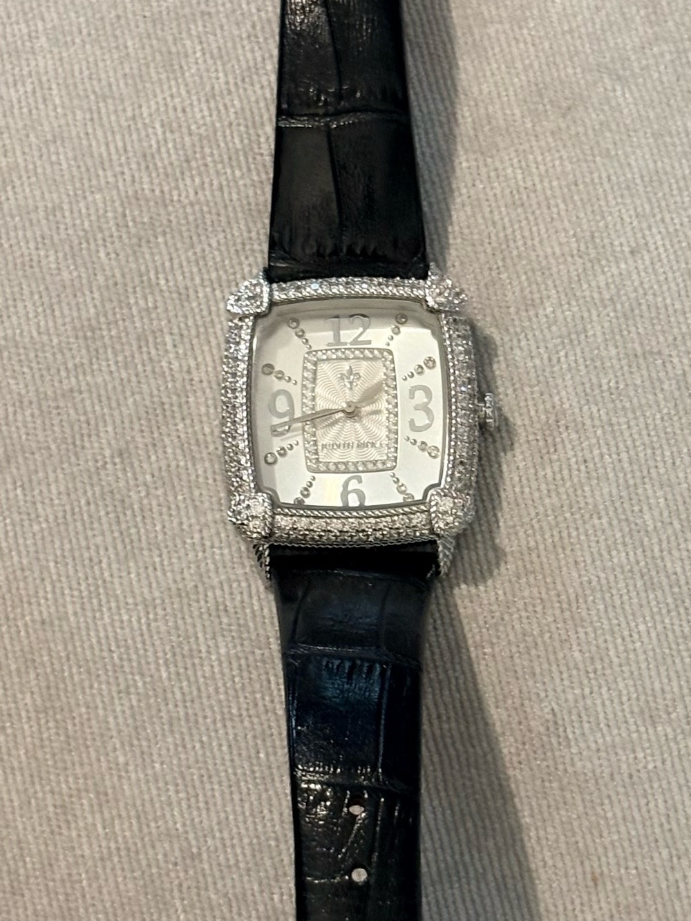 Judith Ripka Stainless Steel and CZ Rectangular Leather Watch